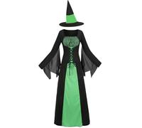 GRAJTCIN Wicked Witch Costume for Women Gothic Sorceress Halloween Party Cosplay Dress with Hat (M, Black Green)