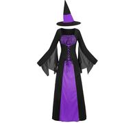 GRAJTCIN Wicked Witch Costume for Women Gothic Sorceress Halloween Party Cosplay Dress with Hat (S, Black Purple)