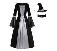 GRAJTCIN Wicked Witch Costume for Women Gothic Vampire Halloween Party Cosplay Outfit with Hat (2XL, Grey Spider Web)