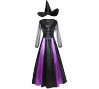 GRAJTCIN Wicked Witch Costume for Women Gothic Vampire Halloween Party Cosplay Outfit with Hat (M, Purple Lace)