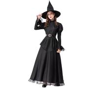 GRAJTCIN Women Wicked Witch Costume for Halloween Deluxe Witch Corset Dress with Black Hat (L, Black Lace)