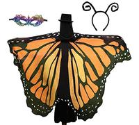 GRAJTCIN Women's Butterfly Wings Shawl, 3 PCS Halloween Fairy Costume Festive Rave Cape with Antennas & Mask, Orange Monarch, 78" x 50"
