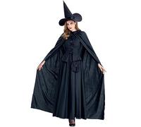 GRAJTCIN Women's Wicked Witch Costume, 4 Pieces Halloween Deluxe Witchy Dress Black, Black (Classic), Large