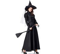 GRAJTCIN Women's Wicked Witch Costume, 4 Pieces Halloween Deluxe Witchy Dress Black, Black, Large