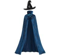 GRAJTCIN Women's Witch Cape Wizard Shiny Velvet Cloak Royal Magic Witch Hat Halloween Party Costume for Adult (51", Peacock Blue)