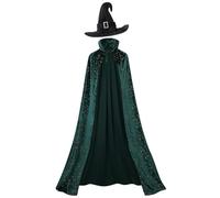 GRAJTCIN Women's Witch Cape Wizard Vampire Full Length Shiny Star Velvet Cloak with Witch Hat Halloween Christmas Costume Set, Green, 130CM / 51"