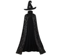 GRAJTCIN Women's Witch Cape Wizard Vampire Full Length Shiny Star Velvet Cloak with Witch Hat Halloween Christmas Costume Set, Black, 170CM / 67"
