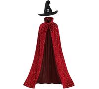 GRAJTCIN Women's Witch Cape Wizard Vampire Shiny Velvet Cloak Witch Hat Halloween Christmas Costume for Adult (59", Dark Red)