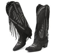Grakihily Cowboy Boots for Women Retro Pointed Toe Pull On Block Chunky Heel Embroide Tassel Country Concert Outfits Calf Western Cowgirl Boots, Suede./Black, 5 UK