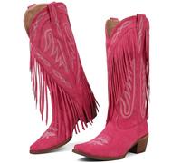 Grakihily Cowboy Boots for Women Retro Square Toe Pull On Block Chunky Heel Embroide Tassel Country Concert Outfits Calf Western Cowgirl Boots, Suede/Pink, 7 UK