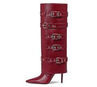 Grakihily Womens Buckle Knee High Boots Fold Over Boot Fall Leather Pointed-Toe Long Stiletto Heel Boots with Zipper, Red, 8 UK