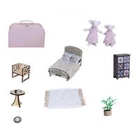 Gralara Suitcase Dollhouse Hard Miniature Room Set Compact, Pink Plaid Pig Mother-Daughter Set With Dolls