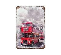 graman Vintage Tin Sign Red London Bus Watercolor Art Wall Sign London City Metal Tin Sign London Art Home Wall Decor Office Decor Housewarming Gift 12"×8"