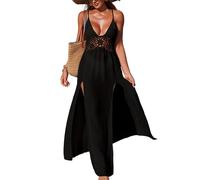 Gramigg Women Full Length Crochet Swimsuit Coverup Side Split Backless Beach Dress Adjustable Back Tie for Beach Vacation Patchwork