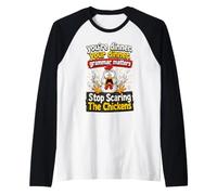 Grammar Matters Stop Scaring The Chickens Funny Teacher Joke Raglan Baseball Tee