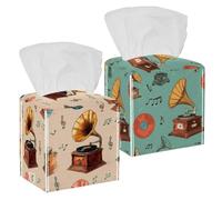 Gramophones Records and Musical Notes on Pastel Background Tissue Box Cover, Square Tissue Holder Decorative Facial Napkin Dispenser for Bathroom Parlors Vanity Countertop Nightstand