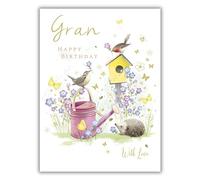 Gran Birthday Card - Special Gran - Floral Garden with Hedgehog and Birds - Artistic Flower Design - Made in the UK - Eco-Friendly