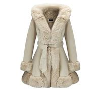 GRAN ORIENTE Suede Jacket for Women with Faux Fur Collar,Long Sleeve Warm Winter Parka Coat with Belt Outerwear, Beige, S