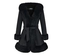 GRAN ORIENTE Suede Jacket for Women with Faux Fur Collar,Long Sleeve Warm Winter Parka Coat with Belt Outerwear, Black, Large