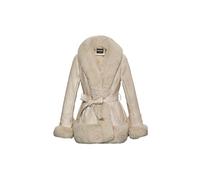 GRAN ORIENTE Women Faux Fur Collar Winter Jacket Long Sleeve Fur Trim Peplum Parka Coat with Belt, apricot, S