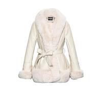GRAN ORIENTE Women's Faux Leather Jacket with Faux Fur Collar, Winter Long Sleeve Furry Trim Peplum Parka Coat with Belt, Apricot, M