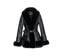 GRAN ORIENTE Women's Faux Leather Jacket with Faux Fur Collar, Winter Long Sleeve Furry Trim Peplum Parka Coat with Belt, Black, XL