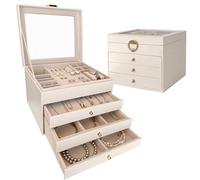 Granbest Leather Jewellery Box with 3 Drawers, 4-Layer Large Capacity Jewelry Organizer, Drawer Storage for Necklaces, Earrings, Rings, Bracelets, Watches, Jewellery Case for Women, Girls (Beige)