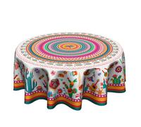 Granbey Colorful Mexico Round Table Cloth - Mexican Floral Tablecloth Cactus Stripes Lines Native Art Table Cover for Kitchen Party Picnic Dining Decor 60 Inch