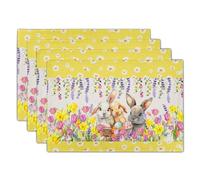 Granbey Floral Bunny Placemats - Happy Easter Place Mats Set of 4 Spring Rabbit Daisy Tulip Flowers Tablemats 12x18 for Party Kitchen Farmhouse Yellow