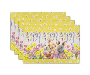 Granbey Floral Bunny Placemats - Happy Easter Place Mats Set of 4 Spring Rabbit Daisy Tulip Flowers Tablemats 12x18 for Party Kitchen Farmhouse Yellow