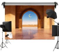Grand Arabian Mosque Polyester Backdrop 7x5FT - Golden Hour Courtyard with Crescent Moon and Desert Skyline, Marble Floor Islamic Background for Ramadan, Eid, Wedding, Prayer or Party Decor
