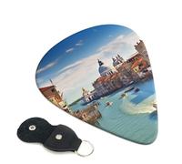 Grand canal in Italy Guitar Picks 6 Pack with Leather Guitar Pick Holder Keychain, Plectrum Key Fob Cases Bag, Abstract Art Plectrum for Acoustic Electric Guitar, Ukulele 0.96mm