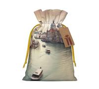 Grand Canal Printed Christmas Drawstring Bags,M | Reusable Xmas Gift Storage Bags, Yellow Christmas Ribbon