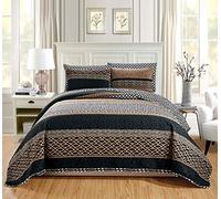 Grand Linen 3-Piece Fine Printed Oversize (115" X 95") Quilt Set Reversible Bedspread Coverlet (California) Cal King Size Bed Cover (Black, Brown, Taupe, Beige Lattice)