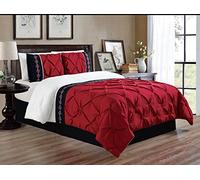 Grand Linen 3 Piece King Size Burgundy Red/Black/White Double-Needle Stitch Puckered Pinch Pleat All-Season Bedding-Down Alternative Embroidered Comforter Set