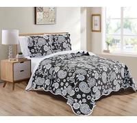 Grand Linen 3-Piece Quilt Set, King Size, Black White, 120x106 inch | Wave Edged, Oversized, All Seasons, Lightweight Soft Coverlet, Floral Pattern