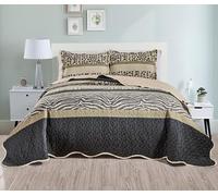 Grand Linen 3-Piece Safari Oversized California King Size Quilt Set. Fine Printed 118" Wide X 95" Long Bedspread in Tan, Brown and Black Colors. Lightweight All Season Animal Print Coverlet Bed Cover