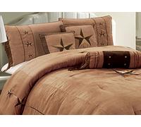 Grand Linen 7 Piece Western Decor Lodge Oversize Queen (96"X96") Comforter Set Taupe/Brown - Embroidered Lone Star Barbed Wire Micro Suede Bedding