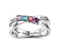 Grand Made Personalized Rings for Mother 4 Simulated Birthstones Rings 925 Sterling Silver Ring Ladies Mother's Day Rings Engraved Name Rings for Mom (62 (19.7))