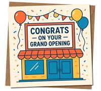 Grand Opening Congratulations Card - Congrats on Your Grand Opening, Shopfront Balloons & Confetti Design, New Business Start-Up Card, 145mm x 145mm, Includes Kraft Envelope