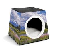 Grand Teton National Park Cat Bed for Indoor Cats - Foldable Cat & Dog House with Removable Cozy Cushion, Waterproof Oxford Washable Pet House for Small Pets 13.8" X 13.8" X 11.8"