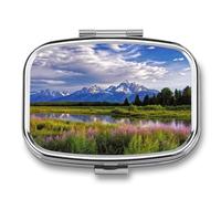Grand Teton National Park Pill Box 2-Compartment Portable Pill Case Square Metal Medication Organizer Small Weekly Medication Case with Mirror Stylish Vitamin Holder for Purse Pocket Travel