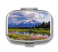 Grand Teton National Park Pill Box - 2 Compartment Travel Pill Organizer with Small Mirror, Portable Pillcase for Pocket & Purse, Cute Square Medicine Case, Weekly Medicine Container