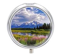 Grand Teton National Park Pill Box Travel Pill Organizer 3-Compartment with Mirror Design Portable Round Medicine Case for Vitamins, Jewelry & Essentials Durable Pocket Pillcase for Purse, Camping