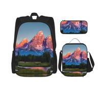 Grand Teton National Park Print Travel Backpack Set, Stylish 600d Oxford Cloth Insulated Lunch Bag and Makeup Bag, Black, One Size, blackone, One Size