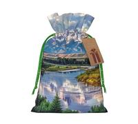 grand teton national park Printed Christmas Drawstring Bags for Xmas Gift Wrapping, Green Christmas Ribbon, S