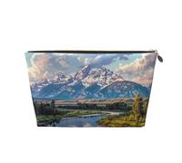 Grand Teton National Park Printed Toiletry Bag for Women Girl Portable Travel Cosmetic Bag Leather Makeup Pouch Organizer with Gold Zipper