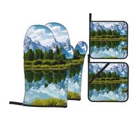 Grand Teton National Park Printing Kitchen Baking Four-Piece Set - Insulated Oven Mitt and Pot Holders for Thick and Durable Anti-Scalding Protection