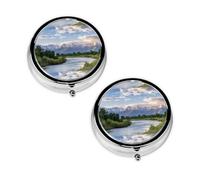 Grand Teton National Park Round Pill Box Compact 3 Compartment Metal Pill Organizer with Print Design, Portable Travel Medication Case for Daily
