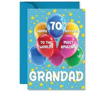 Grandad 70th Birthday Card - Worlds Most Amazing - Happy Birthday Card for 70 Year Old Grandad from Grandson Granddaughter, A5 Balloons and Stars Bday Greeting Cards